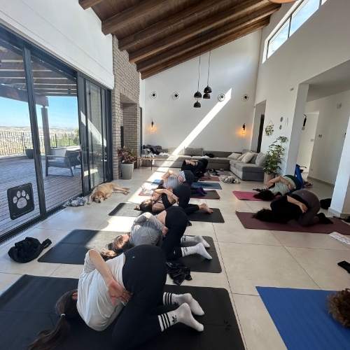 קבוצה של נשים מתאמנות ועושות מתיחות בסלון של בית על מזרנים כחול שחור ואדום