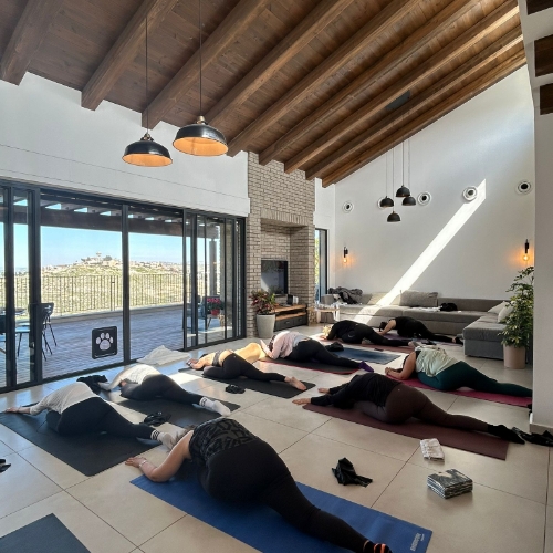 קבוצה של נשים מתאמנות ועושות מתיחות בסלון של בית על מזרנים כחול שחור ואדום