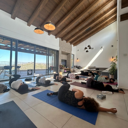 קבוצה של נשים מתאמנות ועושות מתיחות בסלון של בית על מזרנים כחול שחור ואדום